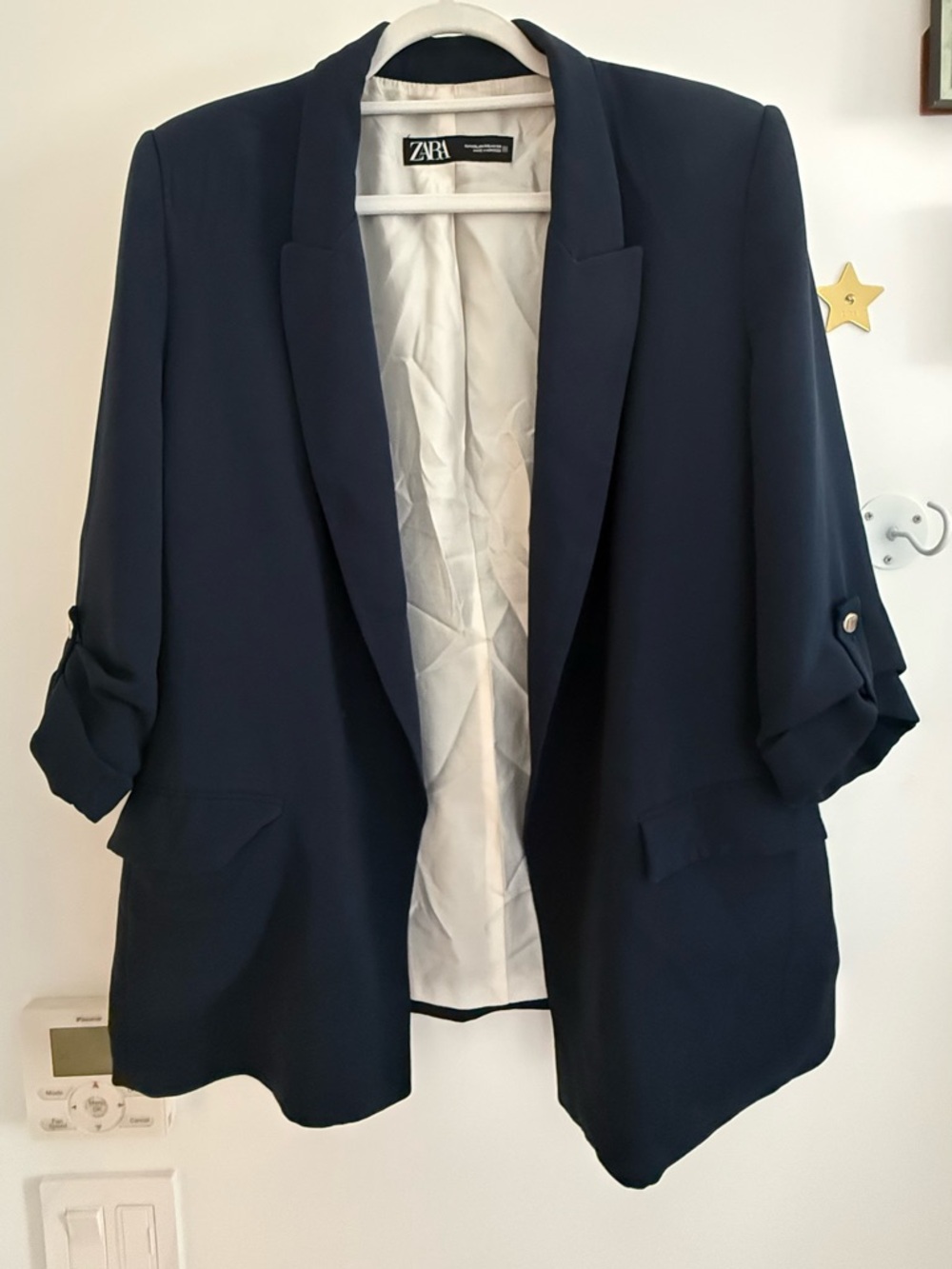 ZARA Navy Open-Front Roll-Sleeve Blazer
